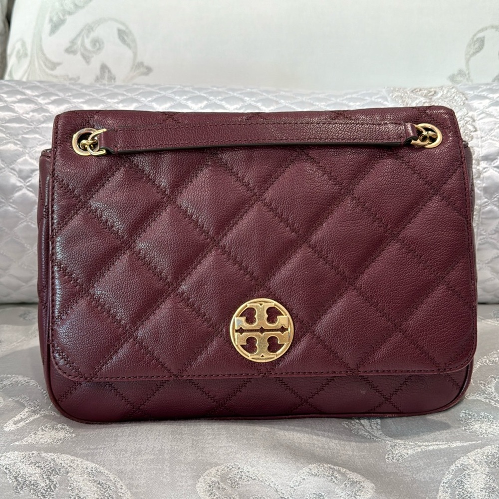 Tory Burch Maroon Crossbody Bag With Gold Chain